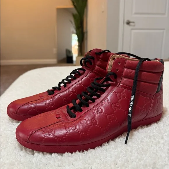 Gucci | Shoes | Gucci Embossed Red Leather Sneakers | Poshmark